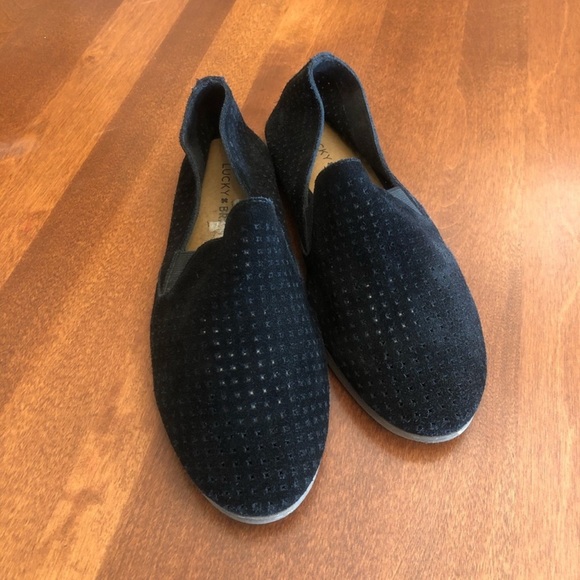 LUCKY BRAND | Perforated Black Suede Loafer Flat Slip On | Size 7 - 7.5 - Picture 1 of 14